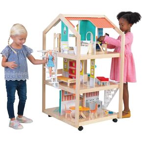 KidKraft So Stylish Mansion Wooden Mid-Century 360-Play Dollhouse with Wheeled Base and 42 Accessories, Gift for Ages 3+