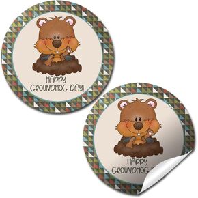 Happy Groundhog Day Themed Stickers, 40 2" Circle Stickers, Great for Favors, Envelope Seals & Goodie Bags by Amanda Creation