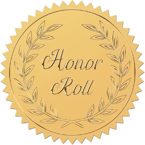 CRASPIRE 408pcs 2 Inch Honor Roll Gold Foil Stickers Word Gold Embossed Gold Certificate Seals Self Adhesive Waterproof Round Dot Medal Decoration Label for Gift Packaging Envelope Card Seal
