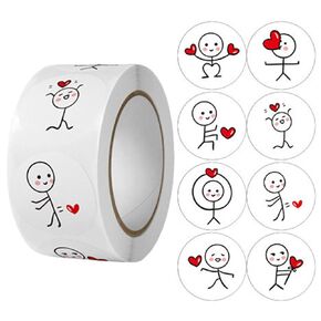 500Pcs Valentine's Day Stickers Roll, Stick Man Heart Label Stickers Cartoon Cute Designs Self Adhesive Decoration Stickers Round Valentine Presents Cards Tag 1 inch Envelope Seal Holiday Stickers