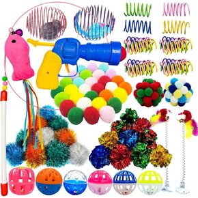 حزمة متنوعة من ألعاب Hermia Cat لـ Kitty 84 ، حزمة ألعاب تفاعلية هريرة مع قاذفة الكرة الفخمة ، Bell Ball ، عصا القط ، كرة Cat ، ألعاب الربيع الحلزونية القط