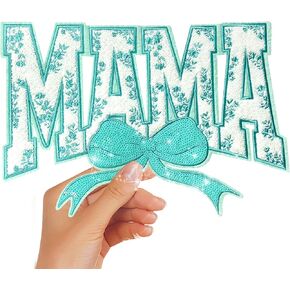 Iron On Patches Chenille Mama Bow Embroidered Sequin Applique with Glitter Edge DIY Cute Accessories for Clothing Backpacks Jackets Decoration,Blue