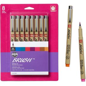 SAKURA Pigma Micron Brush Pens - Archival Black and Colored Ink Pens - Pens for Writing, Drawing, or Journaling - Black and Assorted Colored Ink - Brush Nibs - 8 Pack