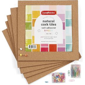 Incraftables Adhesive Cork Board for Walls (5pcs - 12 x 12 inch Squares). Vision Board for Wall, Office & Home. Best Bulletin Board Self Adhesive Sheets with Clips Pins & Push Pins