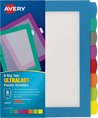 Avery Ultralast Big Tab Plastic Dividers for 3 Ring Binders, 8-Tab Set, Multicolor with White Labels, 1 Set (24901) in Saudi Arabia