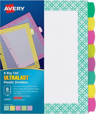 Avery Ultralast Big Tab Plastic Dividers for 3 Ring Binders, 8-Tab Set, Multicolor with White Labels, 1 Set (24901) in Saudi Arabia