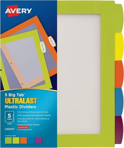 Avery Ultralast Big Tab Plastic Dividers for 3 Ring Binders, 8-Tab Set, Multicolor with White Labels, 1 Set (24901) in Saudi Arabia