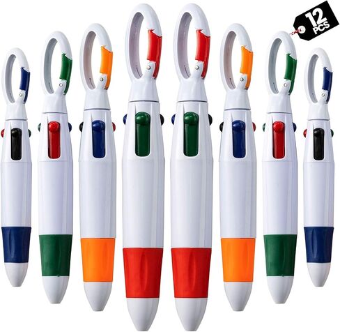 Retractable Shuttle Pens with Carabiner Clip - Pack of 12 Bulk Mini 4-in-1 Multi-Colored Ink Ballpoint Pens with Keychain for Adults, Kids, Nurses, School, Stocking Stuffer Gifts, Party Favors in Kuwait