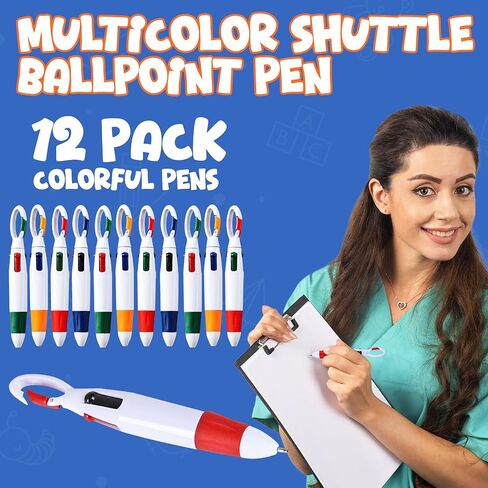 Retractable Shuttle Pens with Carabiner Clip - Pack of 12 Bulk Mini 4-in-1 Multi-Colored Ink Ballpoint Pens with Keychain for Adults, Kids, Nurses, School, Stocking Stuffer Gifts, Party Favors in Kuwait