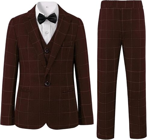 Boys Plaid Suit 5 Piece Formal Outfits Slim Fit Dress Clothes Kids Tuxedo Blazer Shirt Vest Pants Bow Tie in Saudi Arabia