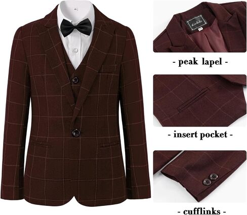 Boys Plaid Suit 5 Piece Formal Outfits Slim Fit Dress Clothes Kids Tuxedo Blazer Shirt Vest Pants Bow Tie in Saudi Arabia
