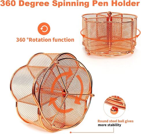 360 Degree Rotate Pen Holder for Desk Mesh Desk Pen Organizer Pencil Holder Large Capacity Desk Accessories & Workspace Organizers for School,Home (Rose Gold, No hook) in Saudi Arabia