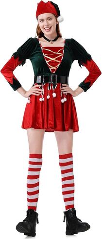 GRAJTCIN Womens Christmas Green Elf Costume, 7 Pcs Holiday Santa's Helper Cosplay in Saudi Arabia