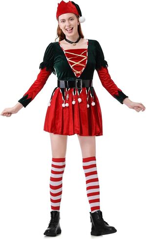 GRAJTCIN Womens Christmas Green Elf Costume, 7 Pcs Holiday Santa's Helper Cosplay in Saudi Arabia