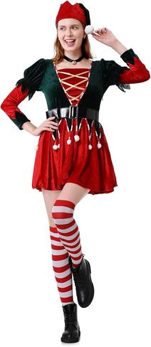 GRAJTCIN Womens Christmas Green Elf Costume, 7 Pcs Holiday Santa's Helper Cosplay in Saudi Arabia