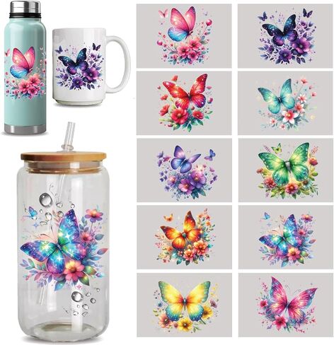 10 Sheets UV DTF Cup Wrap Pretty and Cute UV DTF Cup Wraps for 16 oz Flowers UV DTF Decals Waterproof Stickers for Glass/Ceramics/Cups DIY Wood Crafts (Butterfly) in Saudi Arabia