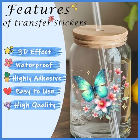 10 Sheets UV DTF Cup Wrap Pretty and Cute UV DTF Cup Wraps for 16 oz Flowers UV DTF Decals Waterproof Stickers for Glass/Ceramics/Cups DIY Wood Crafts (Butterfly) in Saudi Arabia