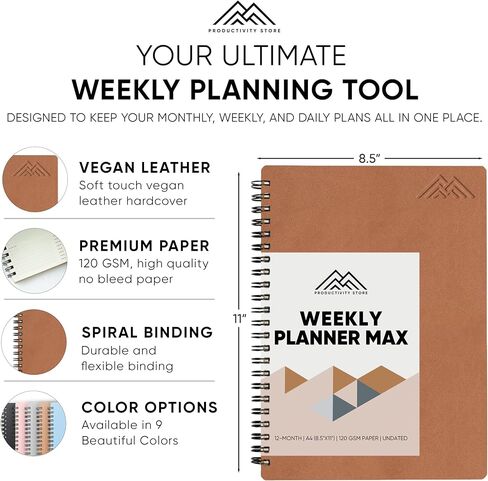 2025 Planner. 8.5" x 11" Spiral-Bound Weekly, Monthly and Daily Planner - Organize All 52 Weeks - Increase Productivity and Get Organized - Productivity Store (Leather) in Kuwait