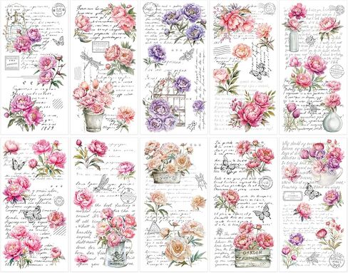 Rub on Transfers for Crafts Furniture Stickers: 10 Pcs Peony Flower Rub on Transfer for Crafts Decals Rub on Transfer Stickers for Furniture Crafts DIY Home Decor in Saudi Arabia