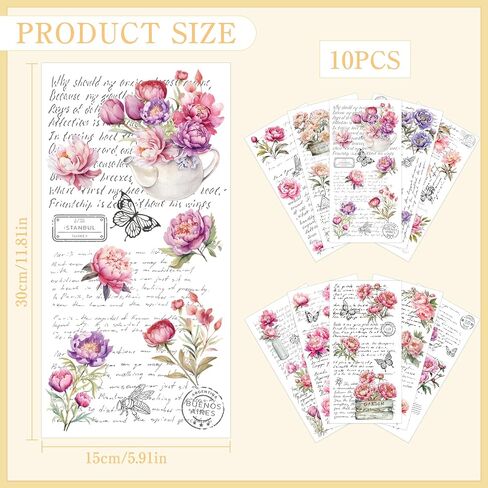 Rub on Transfers for Crafts Furniture Stickers: 10 Pcs Peony Flower Rub on Transfer for Crafts Decals Rub on Transfer Stickers for Furniture Crafts DIY Home Decor in Saudi Arabia