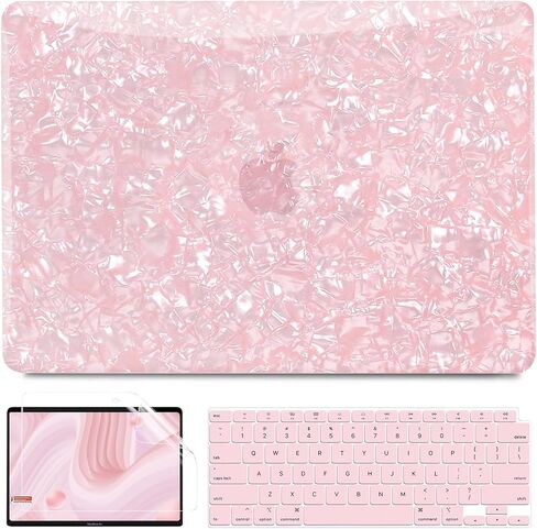 G jgoo متوافق مع MacBook Air 13 بوصة Case 2021 2020 2019 2018 الإصدار M1 A2337 A2179 A1932 Touch ID ، Glitter Pearl Hard Shell Case + 2 لوحة مفاتيح + واقي شاشة ، Pink Glitter in Kuwait