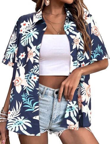 Zeagoo المرأة هاواي زر أسفل القمصان قصيرة الأكمام عارضة الأزهار الاستوائية قميص الصيف الشاطئ بارد زر حتى البلوزات قمم in Kuwait