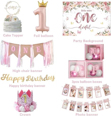 Baby Girl First Birthday Decorations,Baby 1st Birthday Decorations for Girl,Balloon Boxes, Pink Balloons Garland Arch Kit，Backdrop, High Chair Banner, Crown, Photo Banner in Saudi Arabia