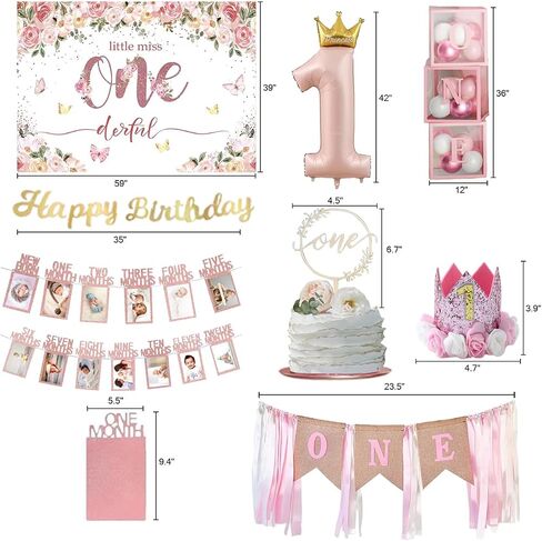 Baby Girl First Birthday Decorations,Baby 1st Birthday Decorations for Girl,Balloon Boxes, Pink Balloons Garland Arch Kit，Backdrop, High Chair Banner, Crown, Photo Banner in Saudi Arabia