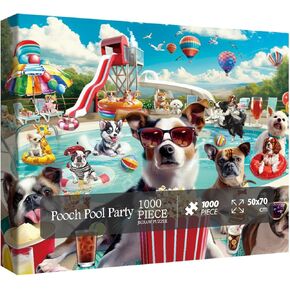 Dog Summer Puzzle for Adults 1000 Piece, Funny Puppy Animal Jigsaw Puzzles, Food Party Puzzles
