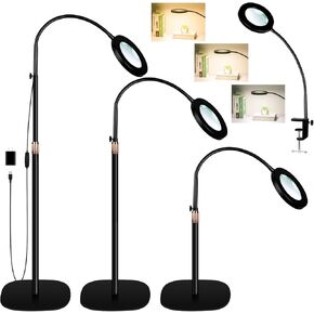 10X 15X Magnifying Glass with Light and Stand, 3-Color Stepless Dimmable LED Magnifying Floor Lamp, 24" Gooseneck Adjustable Swing Arm Lighted Magnifier Lamp with Clamp for Reading Esthetican