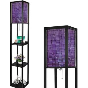 Abstract Stained Glass Mosaic Purple Violet Floor Lamp with Shelves USB Ports & Power Outlet Linen Fabric Shade Corner Standing Lamp for Living Room