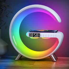 4-in-1 Wireless Charger Atmosphere Lamp, Bluetooth Speaker, LED Dimmable Night Light Table Lamp, Alarm Clock, Room Decor (White, Key Control)