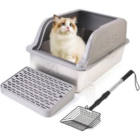 Enclosed Stainless Steel Cat Litter Box with Lid, XL Extra Large Litter Box for Big Cats, Metal Litter Box High Sided, Never Absorbs Odors, Anti-Urine Leakage, Including Long Handle Scoop