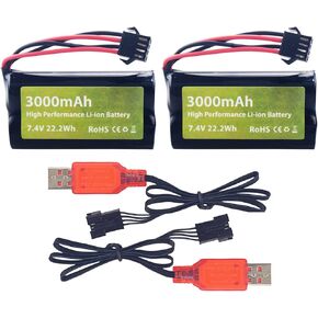 2PCS 7.4V 3000mAh 15C 2S SM-4P Plug Li ion Battery and USB Charger Suitable for EC08 DE85 RC Car Truck Engineering Vehicle Remote Control Ship Remote Control Drone