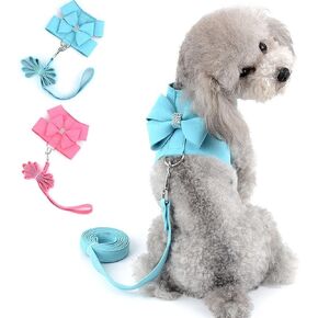 SELMAI Small Pet Dog Cat Bling Rhinestone Harness and Leash Set Bow Girls Soft Ultra Suede Leather, Adjustable/No Pull Lightweight Easy Walk Escape Proof Vest