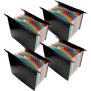 4PCS Expanding Hanging File Folders, 13 Pockets Accordian File Organizer, Plastic Expanding File Folders for Filing Cabinet, Large Capacity, Multi-Color Tabs, Letter Size