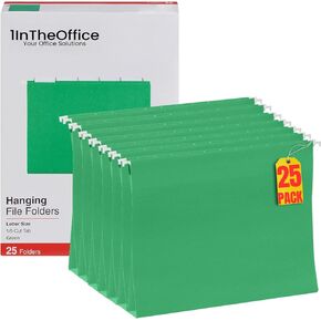 1InTheoffice Green Hanging File Folders, Hanging File Folders Letter Size, File Folders Hanging with Tabs, Adjustable Tabs, 1/5 Tabs, 11 pt, 25 Pack