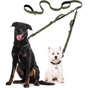 Double Dog Leash – Adjustable Length Long Leash for Dog Training – Dual Reflective Dog Leash with Non-Tangle Design – Heavy Duty Nylon – Ideal (Khaki, 2 dog leash with handle (10-100 Lbs))
