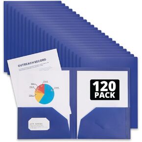 Blue Summit Heavy Duty Plastic Folders with 2 Pockets, Bulk Size – 120 Blue Folders