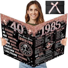 Large 50th Birthday Card for Women with Envelope, Black Rose Gold Happy 50th Birthday Guest Book Gifts Jumbo Fifty Greeting Card Back in 1975 Decorations Party Supplies