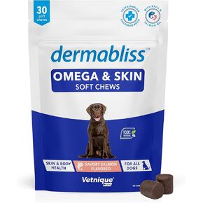 Vetnique Labs Dermabliss Omega & Skin Health Fish Oil for Dogs Soft Chews Healthy Skin & Coat for Dogs with Biotin & DHA - Hickory Salmon Dog Treats (60 Count Chews)