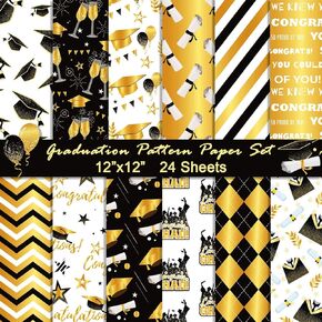 24 Sheets Graduation Pattern Paper, 12" x 12" Patterned Cardstock Paper Scrapbooking Supplies Paper 12 Styles Double-Sided Decorative Craft Paper for Card Making Graduation Photo Album Decor
