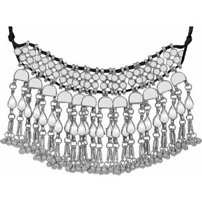 Indian Fashion Antique Afghani German Silver Oxidized Ghungroo Boho Gypsy Tribal Statement Tassel Chain Choker Thread Necklace Jewelry Set