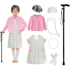 RAINDEWLL 100 Days of School Costume Old Lady Costume for Kids Granny Wig Dress up Accessories