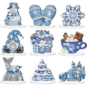 9 Pcs Winter DIY Tabletop Diamond Art Painting Kit Winter Snowman Snowflake Diamond Painting Craft Kit Christmas Wooden Desktop Ornaments for Home Office Decor Display