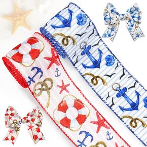 Navy Blue Ribbon Nautical Style Assor Ribbon Ribbon Ribbon Rist Craft Glaf Fraptival For Summer ، حفل زفاف ، دش الطفل ، زخرفة حفلة عيد ميلاد ، 2.5 "× 5 ياردات