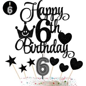 6th Birthday Cake Decorations Set Include 6th Birthday Candles Numeral 6 Cake Candles and Happy 6th Birthday Cake Toppers with Heart Star Cupcake Picks for Birthday Party (Gold Series)