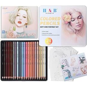 H & B 24PCS Coloured Pencil, Skin tones colored Pencils Set, Professional Landscape Colored Pencils Charcoal Drawing Pencil Set with 12 Sheets Coloring Book for Artists, Adult