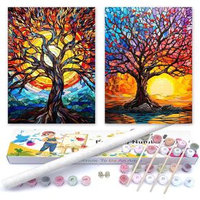 2 Pack Stained Glass Tree Paint by Numbers on Rolled Canvas,Trees of Life Oil Paint by Number Kits for Adults Beginner in Colorful Box,Watercolor Painting Art Kits for Holiday Gifts 12X16 Inch.