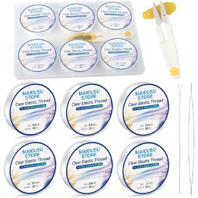 Pack of 6 Clear Elastic Bracelet String for DIY Jewelry Making 120m(0.4,0.5,0.6,0.7,0.8,1mm), 20m/roll with 1 Scissor and 2 Needles Clear Bracelet Elastic Thread Stretchy Elastic for Bracelet Making